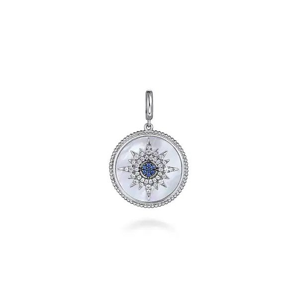 Sterling Silver Starburst Blue Sapphire and White Sapphire Mother of Pearl Bukukan Medallion Pendant Gray's Jewelers Bespoke Saint James, NY