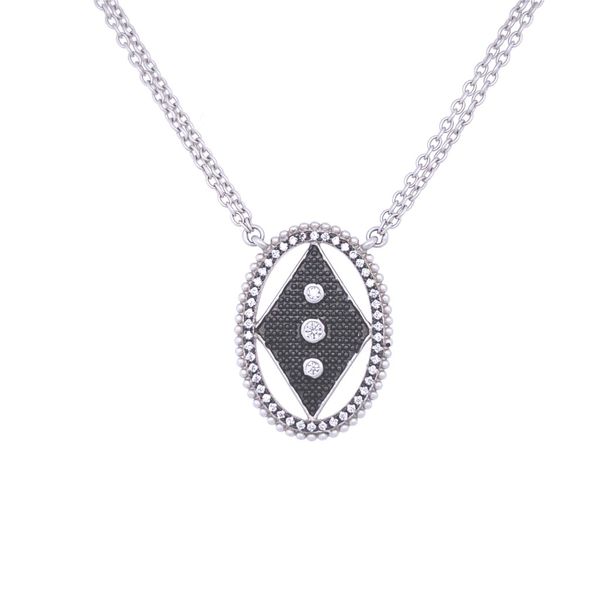 Sterling Silver Industrial Finish Oval Pendant With Cubic Zirconial Stones 16-18