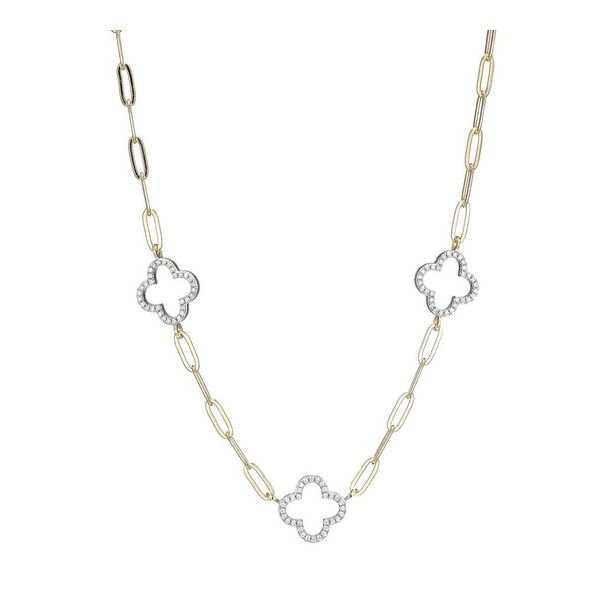 STERLING SILVER YELLOW GOLD PLATED NECKLACE WITH PAPERCLIP CHAIN AND 3 CUBIC ZIRCONIA CLOVER STATIONS Gray's Jewelers Bespoke Saint James, NY