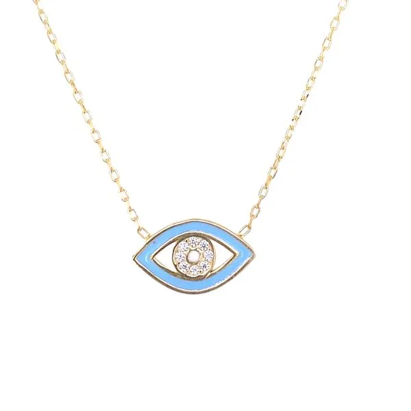 Sterling Silver Yellow Gold Plated Blue Enamel And Cubic Zirconia Evil Eye Necklace 16 + 2