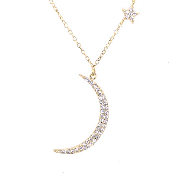 Sterling Silver Yellow Gold Plated Cubic Zirconia Moon/Star Necklace 16 + 2 Gray's Jewelers Bespoke Saint James, NY