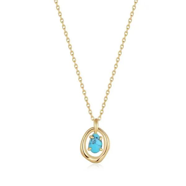 Gold Turquoise Wave Circle Pendant Necklace Gray's Jewelers Bespoke Saint James, NY