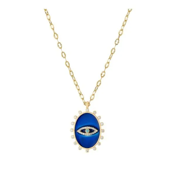 Sterling Silver Gold Plated Oval Dark Blue Enamel Guardian Eye Necklace Gray's Jewelers Bespoke Saint James, NY