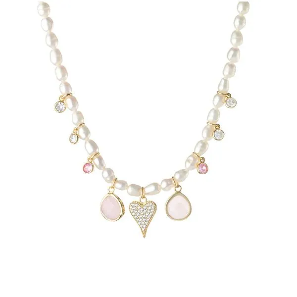 Sterling Silver Gold Plated Fresh Water Pearl Necklace with Cubic Zirconia Heart Gray's Jewelers Bespoke Saint James, NY