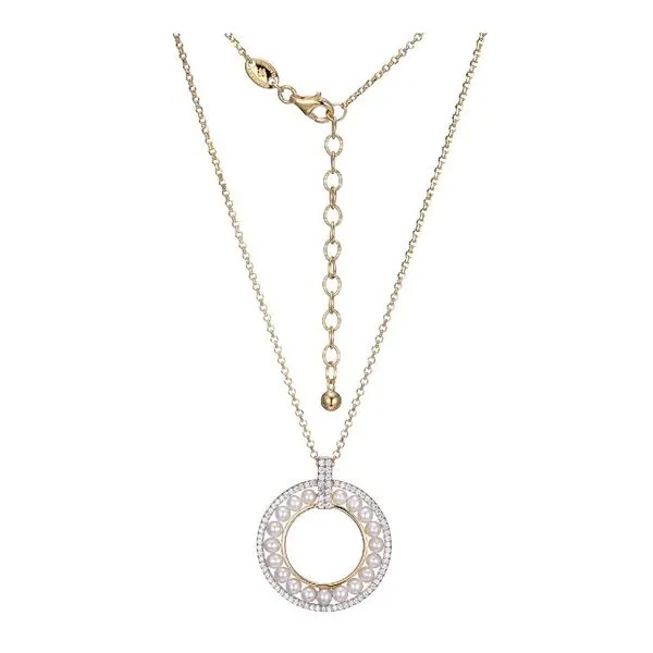 Sterling Silver Gold Plated Circle Cubic Zirconia and Freshwater Pearl Necklace Gray's Jewelers Bespoke Saint James, NY