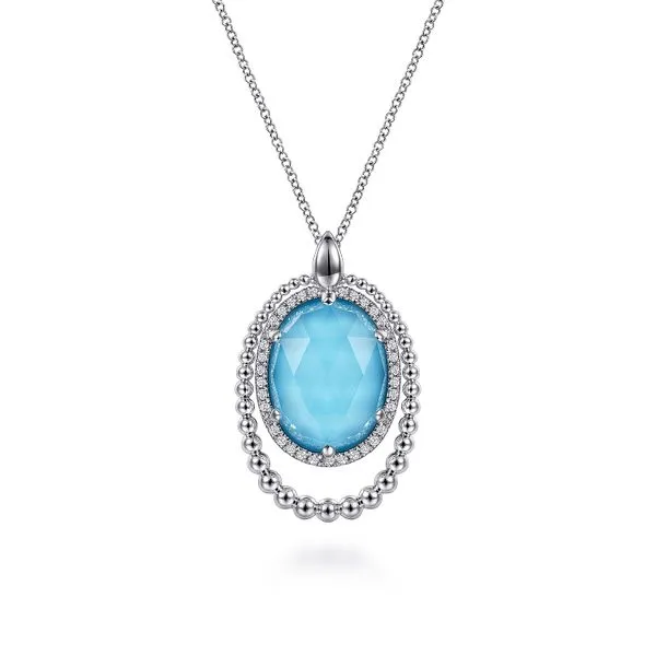 Sterling Silver White Sapphire and Rock Crystal and Turquoise Pendant Necklace Gray's Jewelers Bespoke Saint James, NY