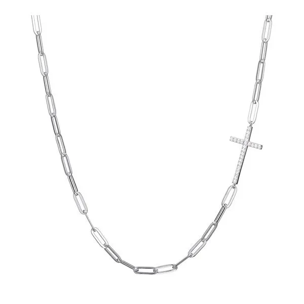 Sterling Silver Necklace with Paperclip Chain and Cubic Zirconia Sideway Cross Gray's Jewelers Bespoke Saint James, NY