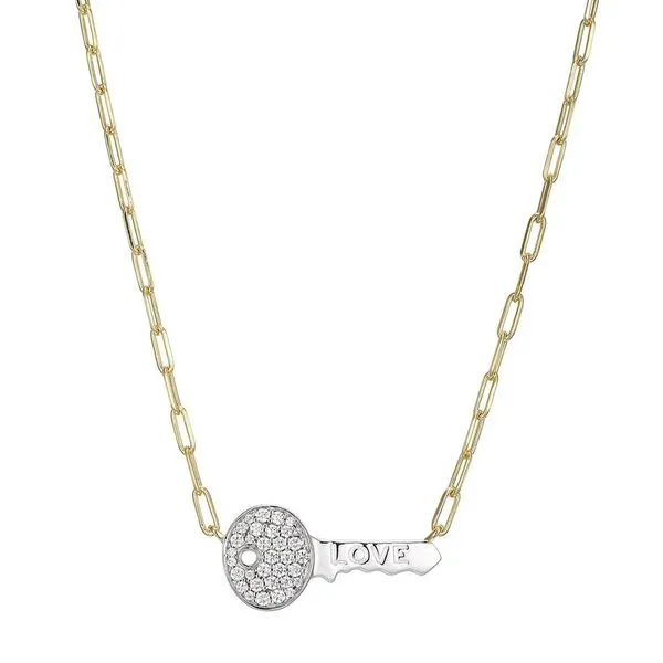 Sterling Silver Gold Plated Paperclip Chain with Cubic Zirconia Love Key Necklace Gray's Jewelers Bespoke Saint James, NY