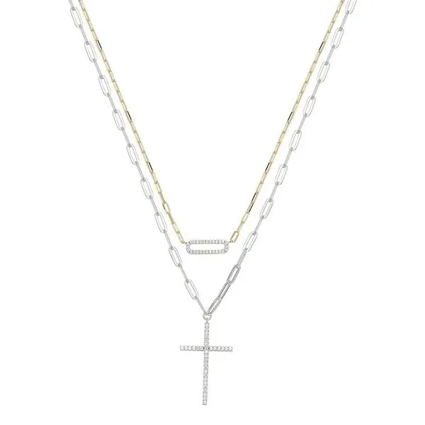 Sterling Silver and Gold Plated Two Layered Necklace Made with Paperclip Chain and Cubic Zirconia Cross Gray's Jewelers Bespoke Saint James, NY