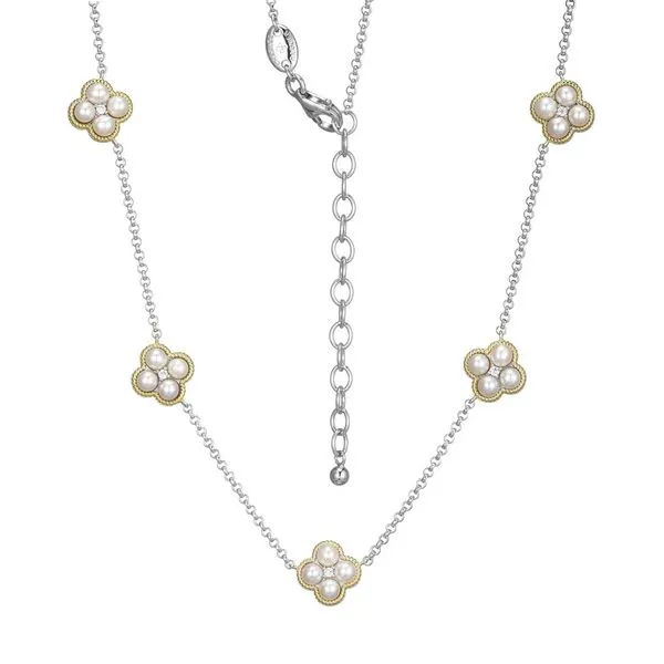 Sterling Silver and Gold Plated Cubic Zirconia and Freshwater Pearl Station Necklace Gray's Jewelers Bespoke Saint James, NY