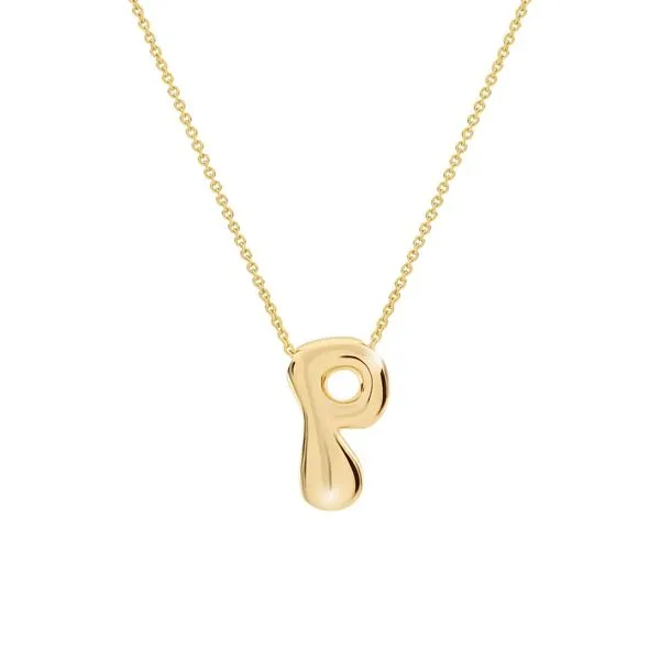 14K Yellow Gold Over Plated Brass Bubble Initial P Necklace Gray's Jewelers Bespoke Saint James, NY