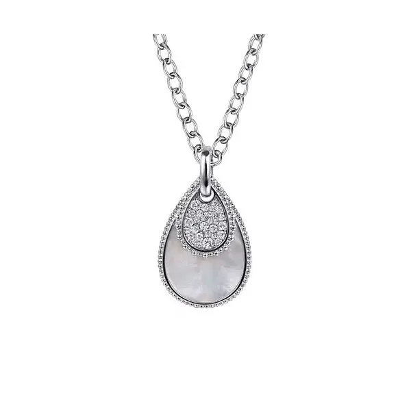 Sterling Silver Bujukan White Sapphire and White Mother of Pearl Teardrop Pendant Necklace Gray's Jewelers Bespoke Saint James, NY