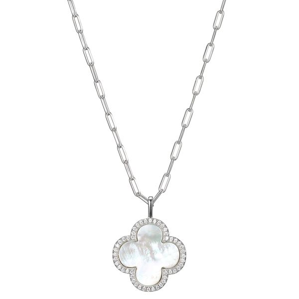 Sterling Silver Paperclip Necklace with Clover Mother of Pearl and CZ Pendant Gray's Jewelers Bespoke Saint James, NY