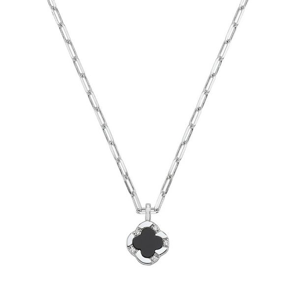 Sterling Silver Rhodium Plated Black Agate and Cubic Zirconia Clover Necklace Gray's Jewelers Bespoke Saint James, NY