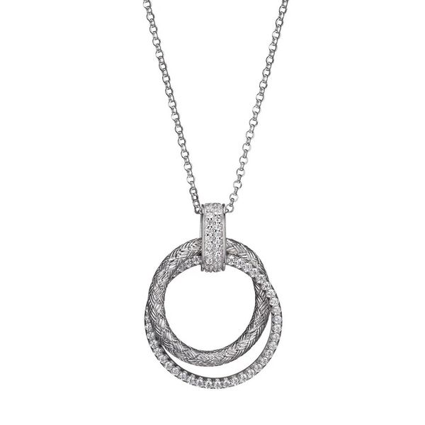 Sterling Silver Rhodium Plated Mesh and Cubic Zirconia Circle Necklace Gray's Jewelers Bespoke Saint James, NY