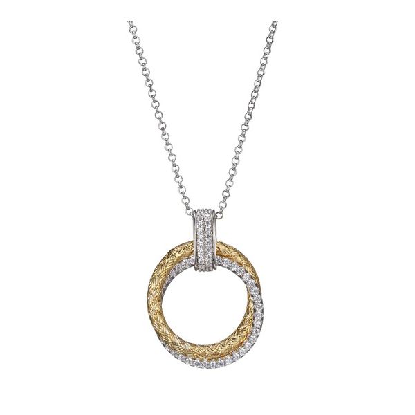Sterling Silver and Yellow Gold Plated Mesh and Cubic Zirconia Circle Necklace Gray's Jewelers Bespoke Saint James, NY
