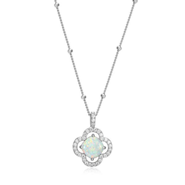 Sterling Silver Rhodium Plated L'opal Created Cushion Opal And Cubic Zirconia Necklace Gray's Jewelers Bespoke Saint James, NY