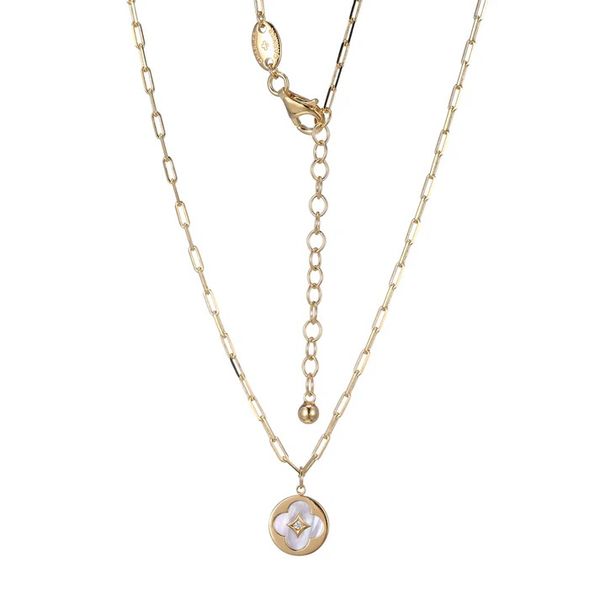 Sterling Silver Gold Plated Clover Mother-of-Pearl Disc Pendant Necklace Gray's Jewelers Bespoke Saint James, NY