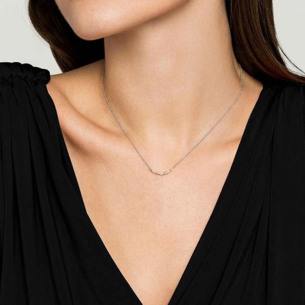 14K Yellow Gold and Sterling Silver Bujukan Ball White Sapphire Maquise Bar Necklace Image 2 Gray's Jewelers Bespoke Saint James, NY
