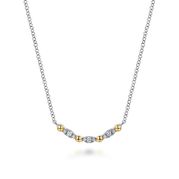 14K Yellow Gold and Sterling Silver Bujukan Ball White Sapphire Maquise Bar Necklace Gray's Jewelers Bespoke Saint James, NY