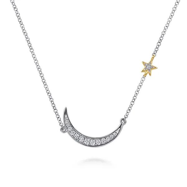 14K Yellow Gold Sterling Silver Diamond Moon and Star Pendant Necklace Gray's Jewelers Bespoke Saint James, NY