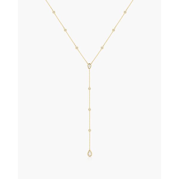 Gold Round & Teardrop Bezel Station Y Necklace Gray's Jewelers Bespoke Saint James, NY