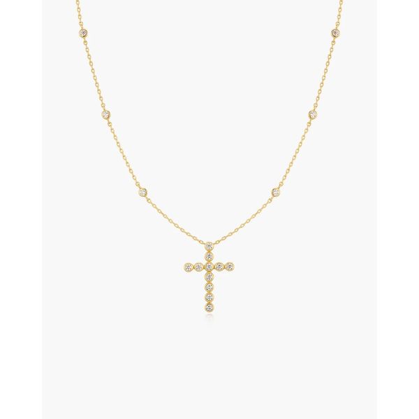 Gold Bezel-Set Station Necklace with Cross Pendant Gray's Jewelers Bespoke Saint James, NY