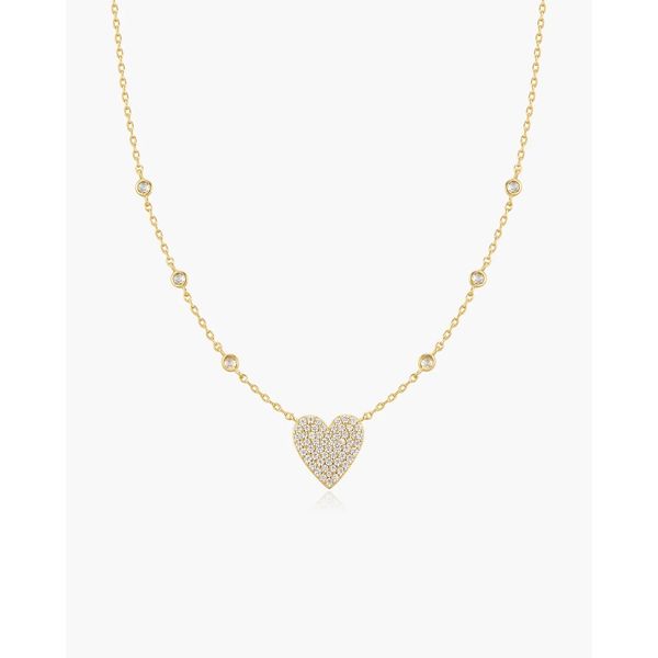 Gold Pavé Heart with Bezel Station Necklace Gray's Jewelers Bespoke Saint James, NY
