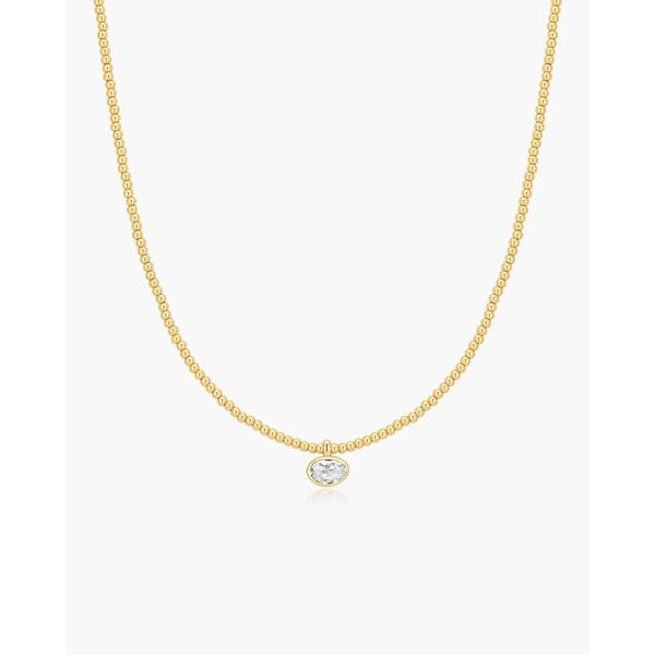 Gold Bezel Organic Pebble Beaded Necklace Gray's Jewelers Bespoke Saint James, NY