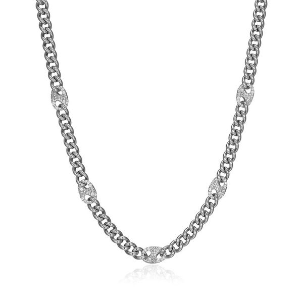 Sterling Silver Rhodium Plated Created White Sapphire Mariner Station Cuban Chain Necklace Gray's Jewelers Bespoke Saint James, NY