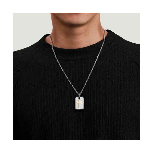 Sterling Silver and 14K Yellow Gold Dog Tag With Cross Pendant Necklace Image 3 Gray's Jewelers Bespoke Saint James, NY