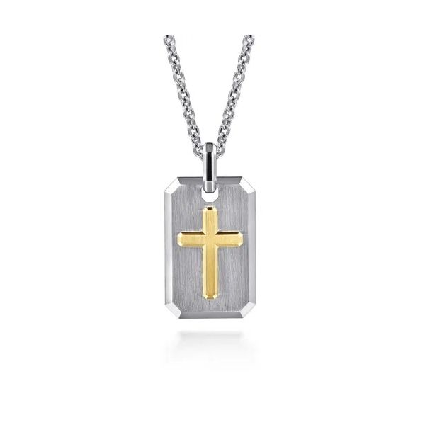 Sterling Silver and 14K Yellow Gold Dog Tag With Cross Pendant Necklace Gray's Jewelers Bespoke Saint James, NY