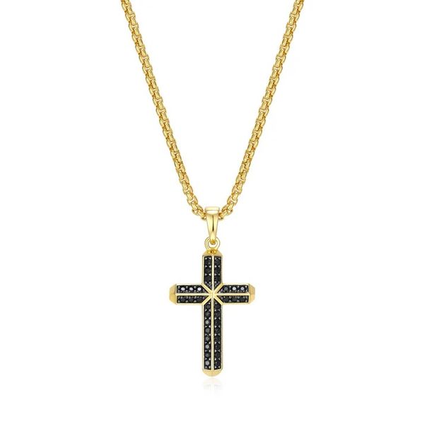 Sterling Silver Gun Metal Color Gold Plated Black Sapphire Cross Necklace Gray's Jewelers Bespoke Saint James, NY