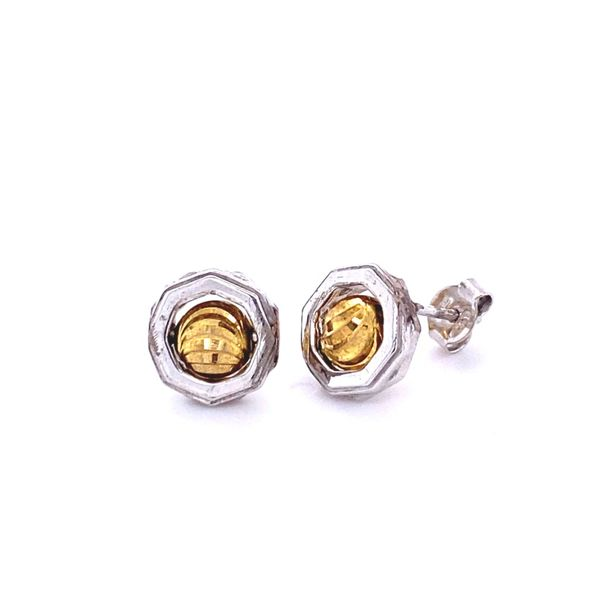 Two Tone Sterling Silver Platinum And Yellow Gold Plated Faceted Beaded Stud Earrings Gray's Jewelers Bespoke Saint James, NY
