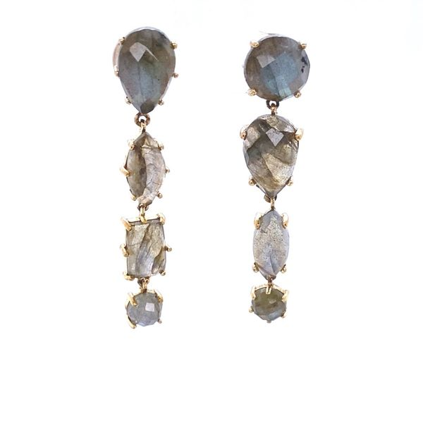 Sterling Silver Gold Plated Mis Match Long Dangle Labradorite Earrings Gray's Jewelers Bespoke Saint James, NY