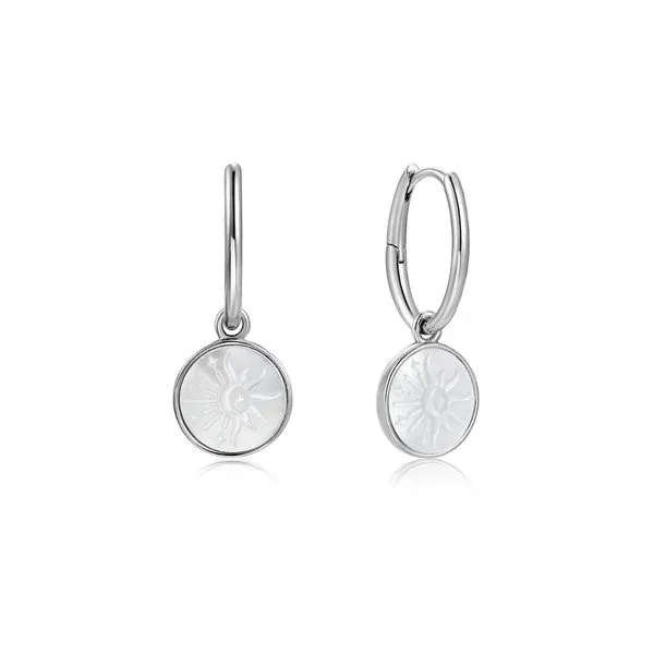 Sunbeam Emblem Silver Huggie Hoop Earrings Gray's Jewelers Bespoke Saint James, NY