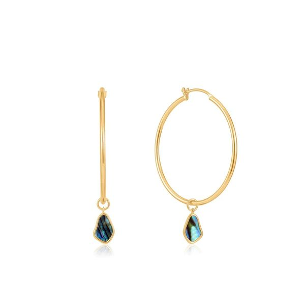 Gold Tidal Abalone Drop Hoop Earrings Gray's Jewelers Bespoke Saint James, NY