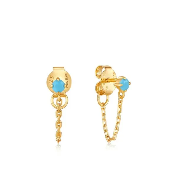 Turquoise Chain Drop Gold Stud Earrings Gray's Jewelers Bespoke Saint James, NY