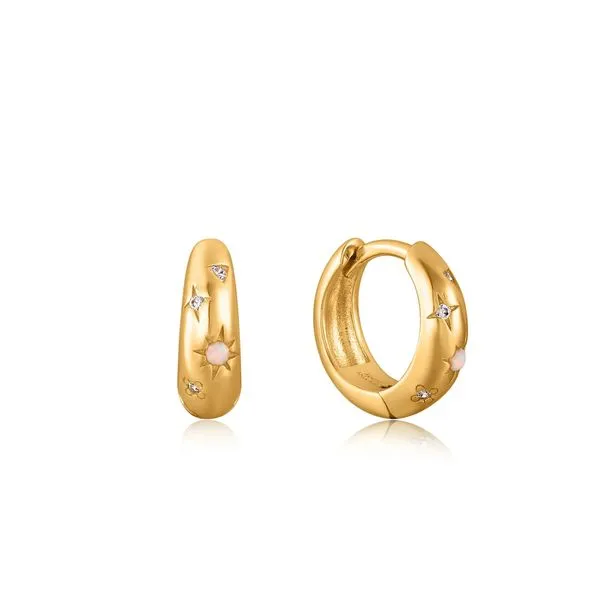 Gold Starry Kyoto Opal Huggie Hoop Earrings Gray's Jewelers Bespoke Saint James, NY