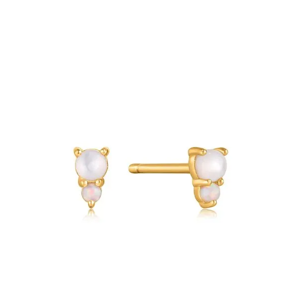Gold Mother of Pearl and Kyoto Opal Stud Earrings Gray's Jewelers Bespoke Saint James, NY
