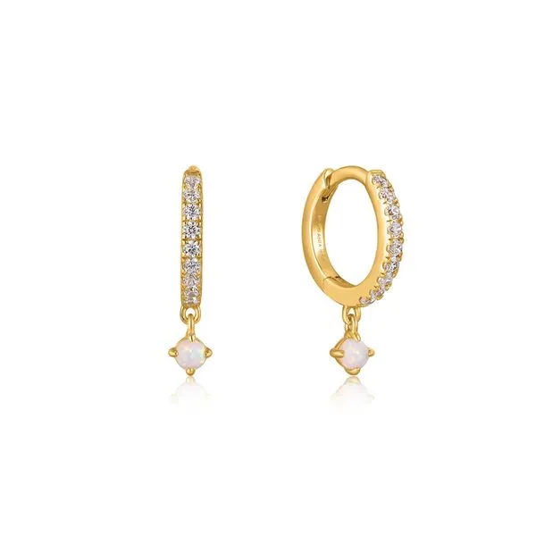Gold Sparkle Kyoto Opal Drop Huggie Hoop Earrings Gray's Jewelers Bespoke Saint James, NY