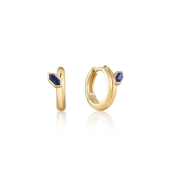 Gold Lapis Emblem Huggie Hoop Earrings Gray's Jewelers Bespoke Saint James, NY