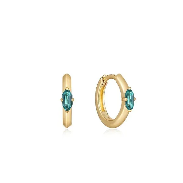 Gold Teal Sparkle Emblem Huggie Hoop Earrings Gray's Jewelers Bespoke Saint James, NY