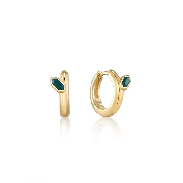 Gold Malachite Emblem Huggie Hoop Earrings Gray's Jewelers Bespoke Saint James, NY