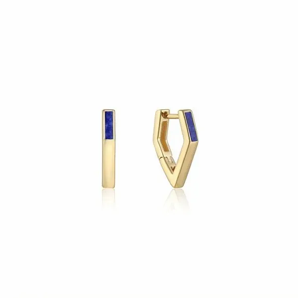 Gold Lapis Angular Hoop Earrings Gray's Jewelers Bespoke Saint James, NY