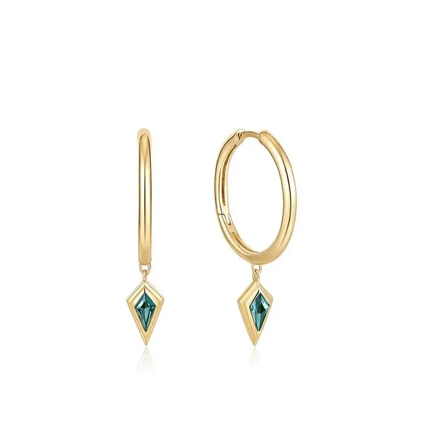 Gold Teal Sparkle Drop Pendant Hoop Earrings Gray's Jewelers Bespoke Saint James, NY