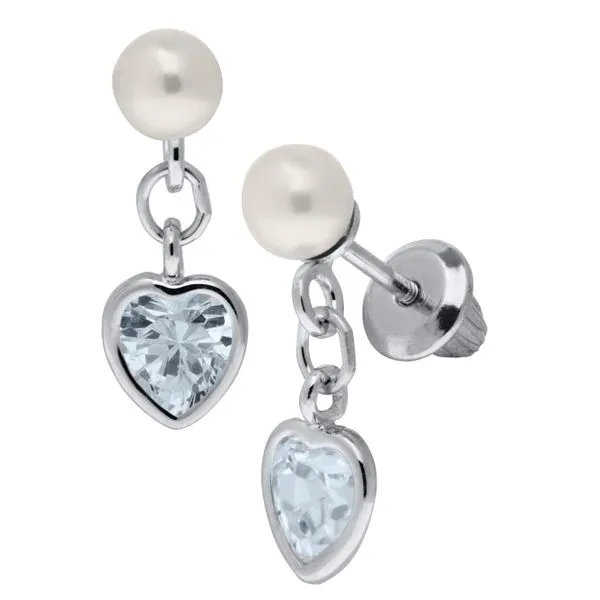 Childrens Sterling Silver Cubic Zirconia Heart and Pearl Drop Earring Gray's Jewelers Bespoke Saint James, NY