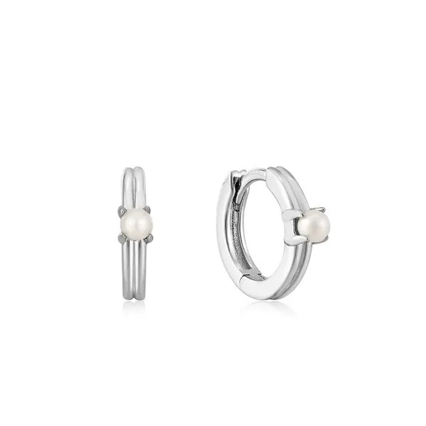 Silver Pearl Cabochon Huggie Hoop Earrings Gray's Jewelers Bespoke Saint James, NY