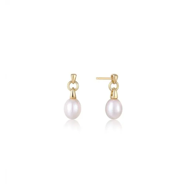 Gold Pearl Drop Stud Earrings Gray's Jewelers Bespoke Saint James, NY