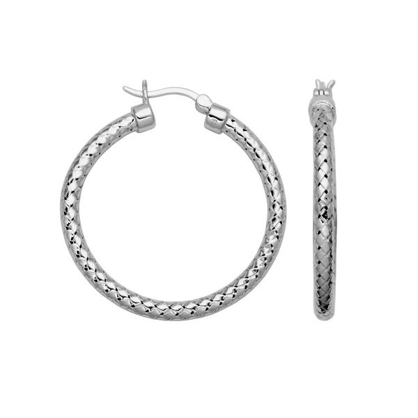 Sterling Silver Mesh  Hoop Earring Rhodium Finish Gray's Jewelers Bespoke Saint James, NY